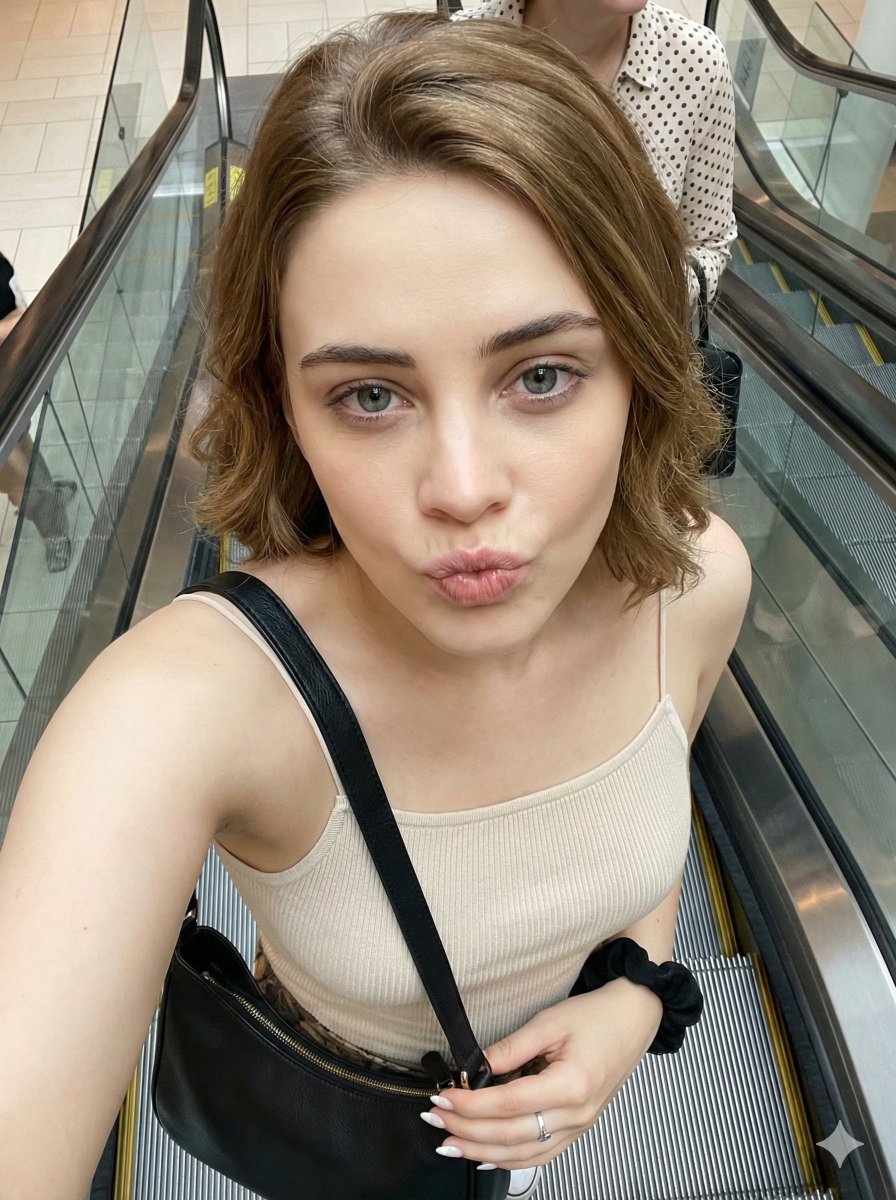 Candid Selfie Prompt with Duck Face Expression on Escalator example 2