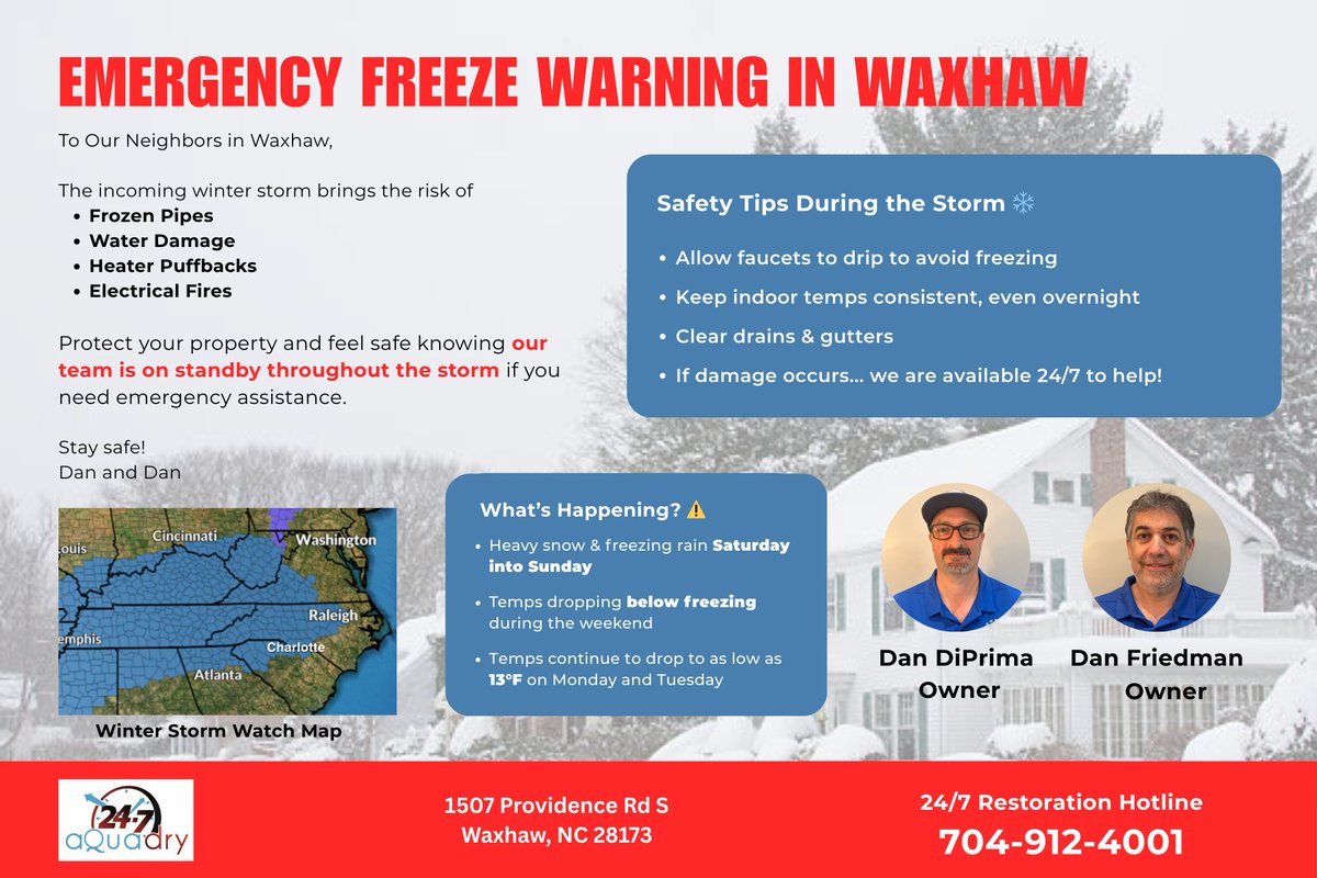 247cleanup's tweet photo. Attention Waxhaw area ⚠️ Freezing temps and heavy snow are forecasted this weekend! 
If you need support, give us a call. Our team is ready to go! 🚒

Stay safe and Warm!

#Waxhawnc #NC #winterwatch #snowstorm #CommunityFirst #winterstormwatch #homesafety https://t.co/N7CBOkXRcG