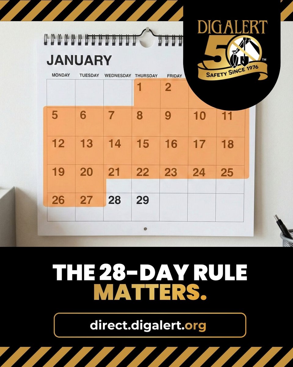 Your DigAlert® ticket is valid for 28 days.
Need more time? Renewing is fast, easy, and FREE!
direct.digalert.org
#28DayRule #ProjectTimeline #811Awareness
