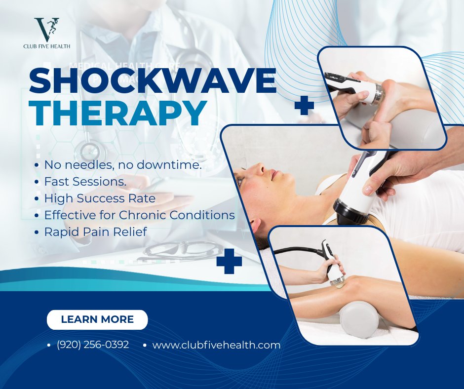 clubfivehealth's tweet photo. Chronic pain? Meet the shockwave. 

#Shockwave Therapy at #ClubFiveHealth uses high-energy acoustic waves to restart your body's healing process and break down scar tissue. Non-surgical, non-invasive, and highly effective.

Get back to your best. 

#Recovery #HealthOptimization https://t.co/u8JuSFwKmS