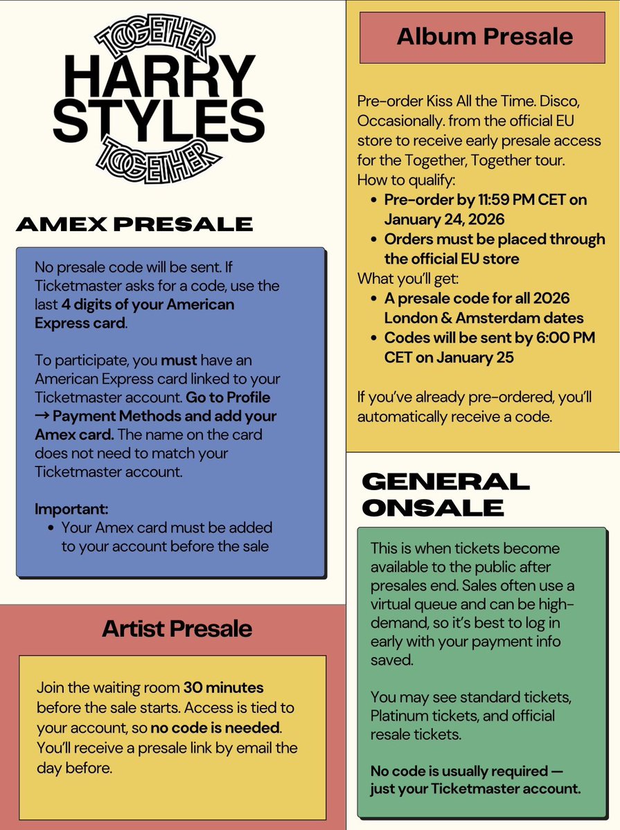 hstickethelp1's tweet image. Everything you need to know before ticket sales begin. Presales, Amex access, album preorder eligibility, and general onsale info — all in one place.

Sign up for artist presale to Harry Styles’ Together, Together Tour 2026:
👉 hstyles.co.uk/tour/