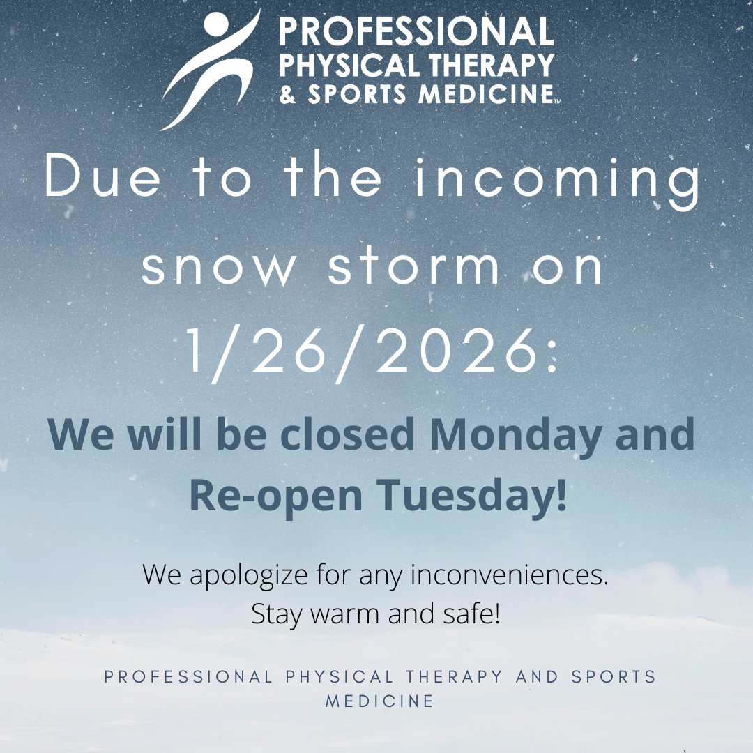 ProPTFranklin's tweet photo. ❄️ 1/26/26 Announcement:
Due to the anticipated winter weather, our office will be closed on Monday, January 26, 2026. For your safety and ours, we encourage everyone to stay warm and safe in the snow. ❄️

We will reopen Tuesday at 8:00 AM and look forward to seeing you then. https://t.co/rJ5PU2HmaS