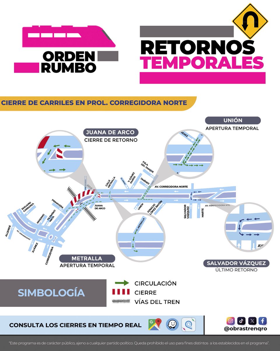 Te recordamos que, por trabajos de esta obra federal, algunos retornos estarán cerrados y otros tendrán apertura temporal.

Consulta el mapa para ubicar rutas alternas y planear tu trayecto.

📍 Información en tiempo real en Waze, Google Maps y Qrobus.