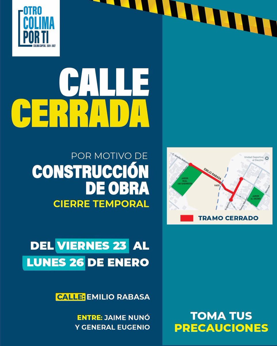 📣 #AvisoImportante

Por obras de construcción, la calle Emilio Rabasa permanecerá cerrada temporalmente del 23 al 26 de enero, en el tramo comprendido entre las calles Jaime Nunó y General Eugenio Aviña. 🚧

Te recomendamos trazar rutas alternas y evitar contratiempos.