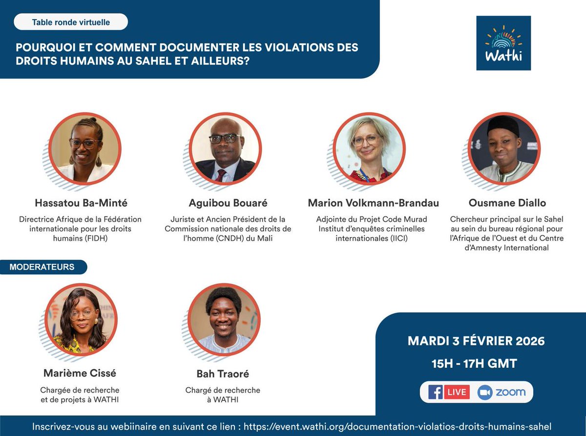#Table_Ronde_Virtuelle | Serie Droits humains au Sahel

Dans le cadre de sa série de webinaires consacrés aux droits humains au Sahel, WATHI organise une table ronde virtuelle autour du thème : « 𝐏𝐨𝐮𝐫𝐪𝐮𝐨𝐢 𝐞𝐭 𝐜𝐨𝐦𝐦𝐞𝐧𝐭 𝐝𝐨𝐜𝐮𝐦𝐞𝐧𝐭𝐞𝐫 𝐥𝐞𝐬