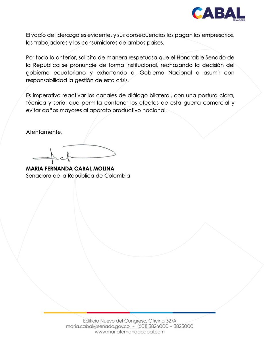 MariaFdaCabal's tweet photo. Le solicito con urgencia al Senador Lidio García, presidente del Congreso de la República, que la Rama Legislativa, se pronuncie con celeridad ante la mediocre gestión e improvisación de Gustavo Petro para atender la guerra arancelaria desde el Ecuador. 

Esto no es con trinos o discursos absurdos como se protege a más de 2.700 empresas colombianas.