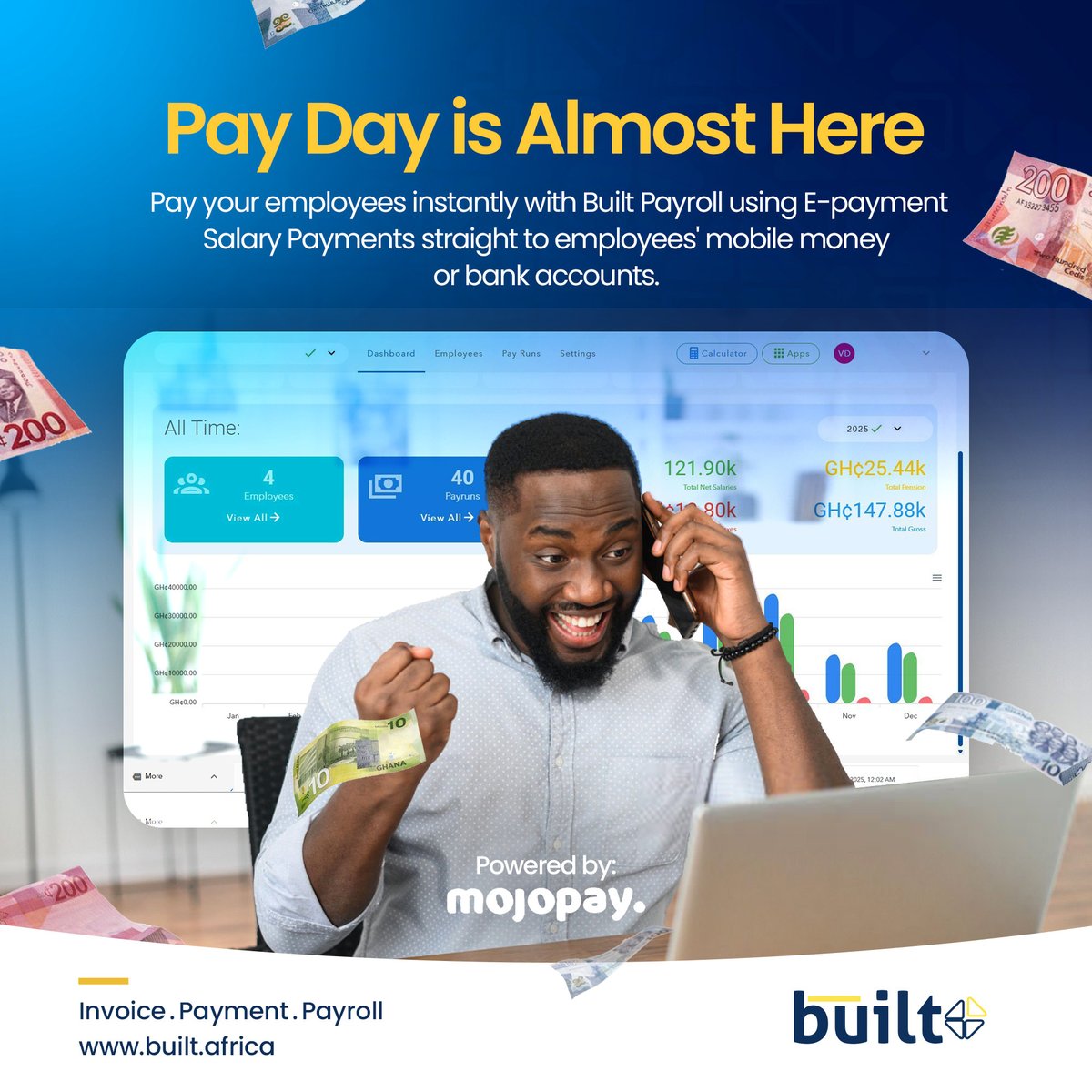 Pay salaries faster and smarter with Built e-Payment. Run payroll digitally and make on-time paydays the standard. Get started with Built today. Sign up @ built.africa 
Powered by <a href="/mojopaymentsltd/">Mojo Payments Ltd</a> 

#PoweredByMojopay #BuiltFinancialTechnologies #Epayment