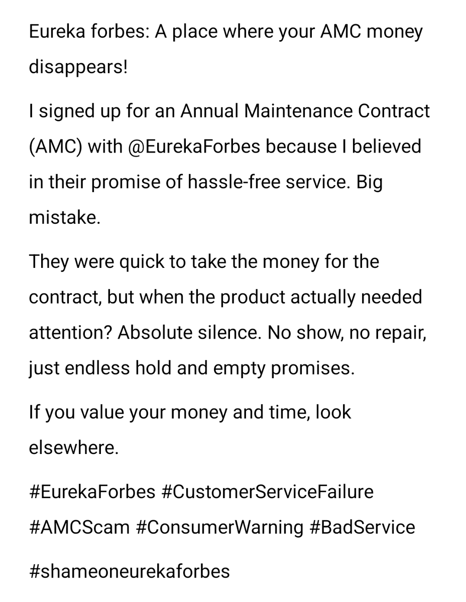 KoinaPoddar's tweet image. #EurekaForbes #CustomerServiceFailure  #AMCScam #ConsumerWarning  #BadService
#Shameoneurekaforbes