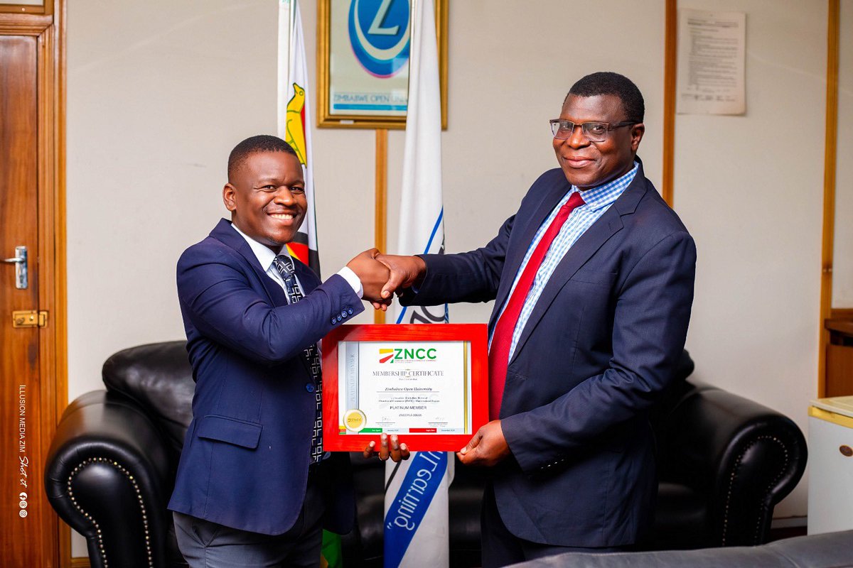 ZNCCNational's tweet photo. We welcome ZOU on the renewal of their membership. Est. in 1999, ZOU has 8 faculties, a Higher Degrees Directorate, campuses in all 10 provinces, &amp; a Virtual Regional Campus for regional and international students. Certificate &amp; Report was received by Prof. Njaya, Pro-VC. https://t.co/2UtQAwldcg
