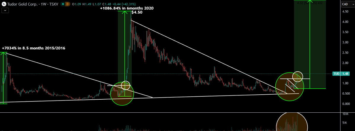 $TUD.v - Tudor Gold

Highest weekly volume since the stock started trading. 

That's a legit #Breakout 

Cheers to the sexiest chart available on the market for a world class company.

See you at $8.

#GOLD #SILVER #COPPER
