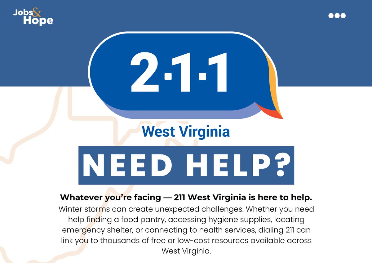 JobsandHopeWV's tweet image. 📞 2-1-1 is here for you — 24 hours a day, 7 days a week, 365 days a year. 🕒📆

💙 Need help? There’s a wide range of resources available!

You’re not alone — help is always within reach 👇
📞 Call 211
📱 Text your ZIP code to 898-211

#WV211 #NeedHelp #ResourcesAvailable