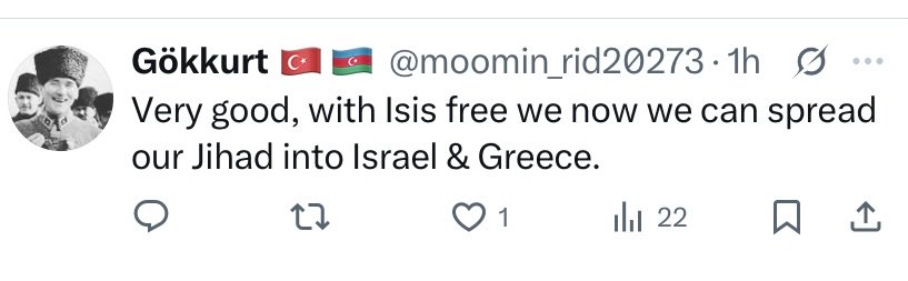 A ‘modern’ Turk living in Europe celebrates the release of ISIS and threatens Jews and Greeks with jihad👇

That’s their average mentality, their main enemies are Greeks and Jews after Kurds.