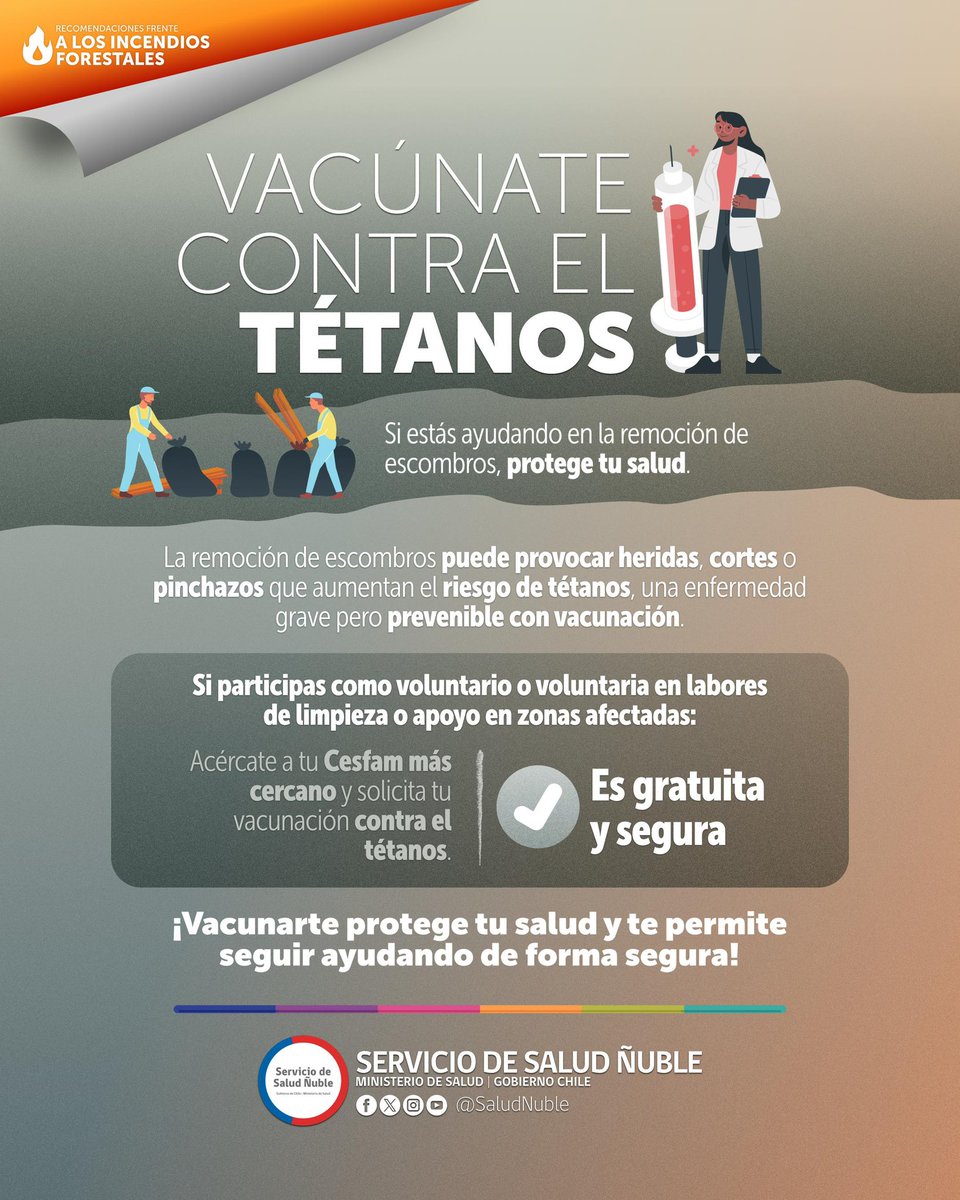 💉𝐕𝐚𝐜ú𝐧𝐚𝐭𝐞 𝐜𝐨𝐧𝐭𝐫𝐚 𝐞𝐥 𝐭é𝐭𝐚𝐧𝐨𝐬 𝐲 𝐩𝐫𝐨𝐭𝐞𝐠𝐞 𝐭𝐮 𝐬𝐚𝐥𝐮𝐝

🔹Si estás colaborando en la remoción de escombros o apoyando como voluntario/a en zonas afectadas por los incendios forestales, es clave reforzar tu protección.