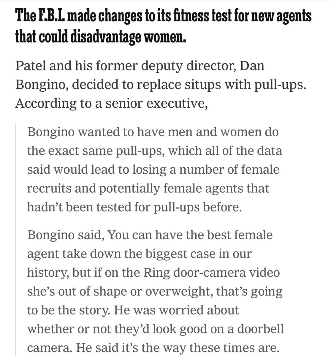 Notice how the disgruntled Comey/Wray era failures continue to use the propagandists in the lemming media to try and dictate the “narrative.” 

Kash and I absolutely made changes to the fitness requirements for agents. Agents work for you, the taxpayer, and they should be able to