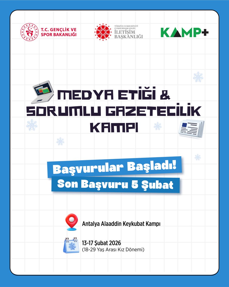 📰 Kamp+ | Medya Etiği ve Sorumlu Gazetecilik Kampı başvuruları başladı! 

Gençlik Hizmetleri Genel Müdürlüğümüz ile T.C. Cumhurbaşkanlığı İletişim Başkanlığı Dezenformasyonla Mücadele Merkezi iş birliğinde; etik habercilik, medya okuryazarlığı ve dezenformasyonla mücadele