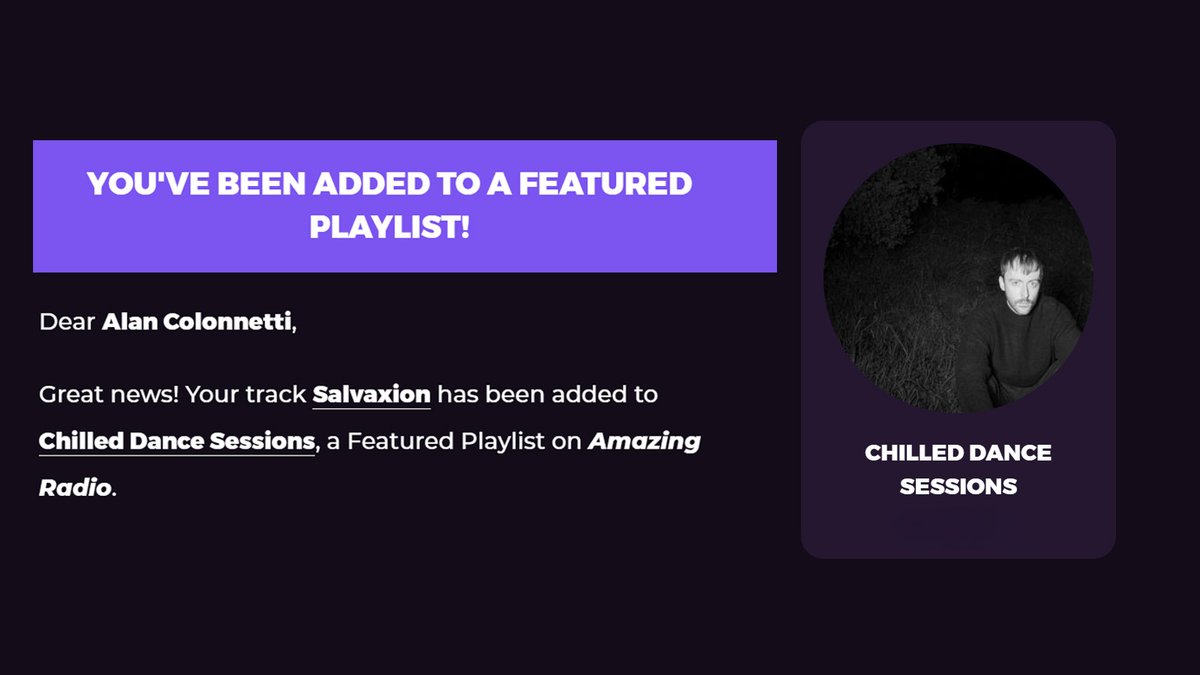 Grateful 🙏
Salvaxion has been added to Chilled Dance Sessions, a featured playlist on <a href="/amazingradio/">Amazing Radio</a> 
Moments like this remind me why I came back to making music. Thank you! This one means a lot.
#NowPlaying️ #NewMusicFriday 
amazingradio.com/profile/jmjhed…