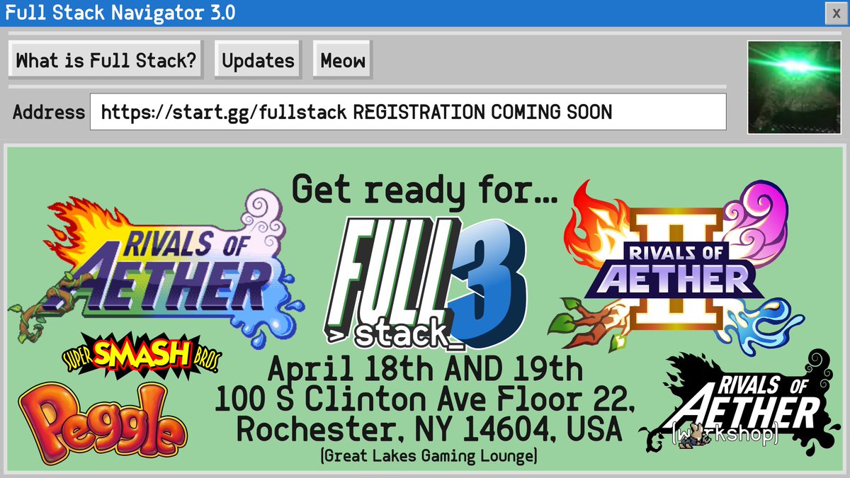 THATS RIGHT WE'RE SO BACK BABEY

FULL STACK, ROCHESTER'S PREMIER PEGGLE (and Rivals 1) REGIONAL, MAKES ITS TRIUMPHANT RETURN.

START GG WILL BE UP SUNDAY NIGHT