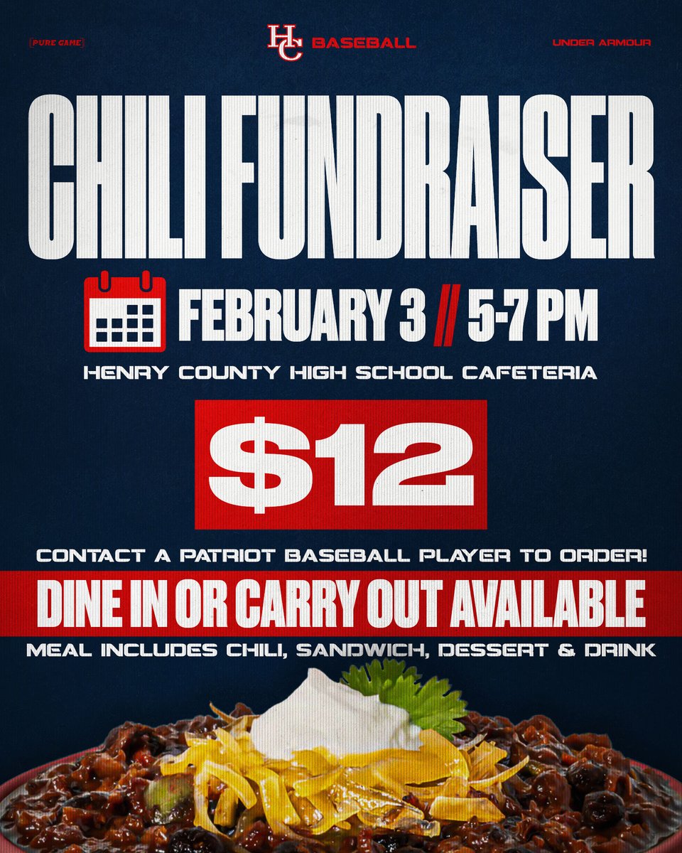 HCHSPatriotBas1's tweet photo. Make plans to join us for Lady Patriot and Patriot basketball and enjoy some delicious Chili to support Patriot Baseball!!! Contact your favorite player for tickets while they last! https://t.co/TXXc9rFrV3