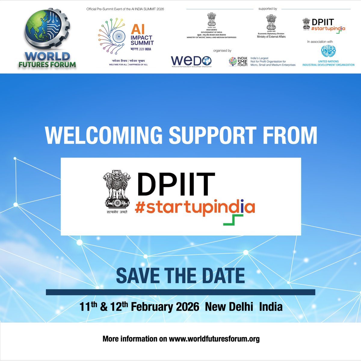 wff_2026's tweet photo. Welcoming @DPIITGoI - @startupindia  as supporting partners for #WFF2026 — the official pre-summit to the AI Impact Summit India.
From regulatory reform to startup scale-up, DPIIT has been key in driving India’s industrial and innovation growth story.
📍 New Delhi | Feb 11–12 https://t.co/IM9x0MwFi5