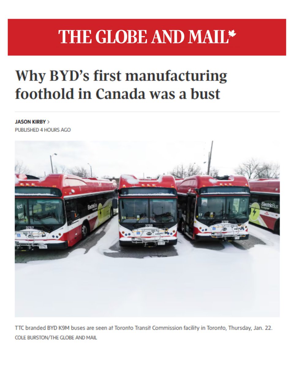 LeslynLewis's tweet image. China has had an electric vehicle manufacturing presence in Canada since 2019, when BYD, a Chinese EV manufacturer, opened a 45,000-square-foot electric bus assembly plant in Newmarket, Ontario, supplying buses, including for the Toronto Transit Commission.

Mark Carney’s recent…
