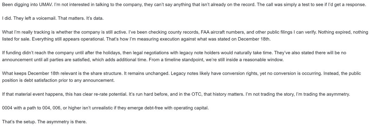 $UMAV You accumulate 100 million shares, maybe a little more, at these price levels, and then you wait. If the speculation is right and your risk tolerance pays off, the math changes fast. That’s asymmetry.