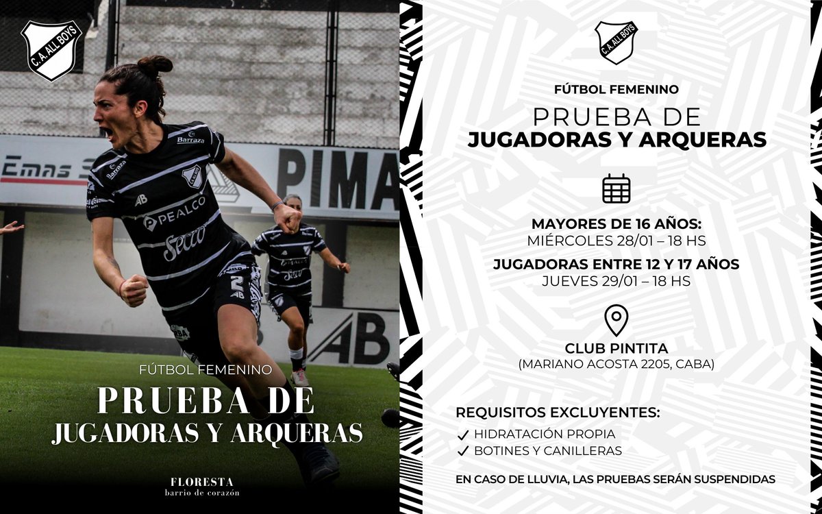 ⚽️ PRUEBAS FÚTBOL FEMENINO 11 ALL BOYS

El Club Atlético All Boys informa que se encuentran abiertas las pruebas de jugadoras y arqueras para integrar las categorías del Fútbol Femenino 11.

📍 Club Pintita – Mariano Acosta 2205, CABA

🔹 Mayores de 16 años
🗓 Miércoles 28/01 –