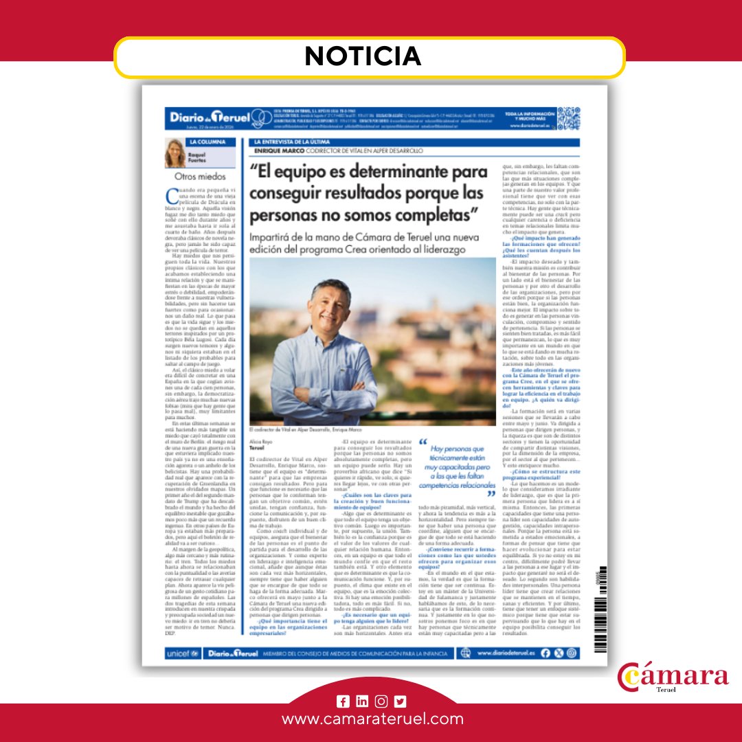 camarateruel's tweet image. 👥"El equipo es determinante para lograr resultados."
🗣️Enrique Marco en @diariodeteruel. Lo aplicaremos en la 5ª edición del programa #CREE @AlperDesarrollo @camarateruel 
📌Mayo/Junio. Teruel
👤Dirigido a quienes lideran personas
📩¿Te interesa? 
#Liderazgo #FormaciónDirectiva