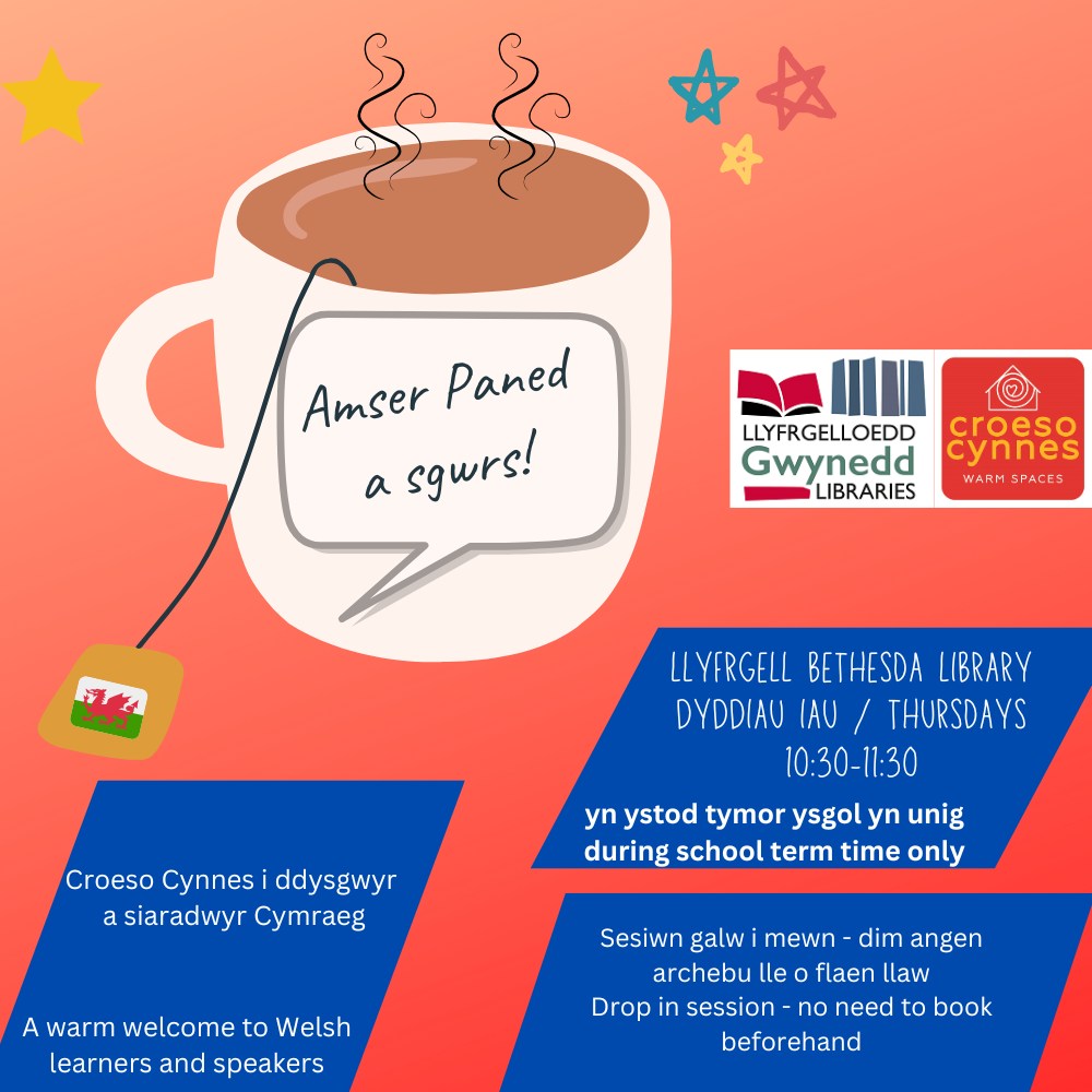 MantellGwynedd's tweet photo. Amser Paned a Sgwrs 

Croeso cynnes i ddysgwyr a siaradwyr Cymraeg / A warm welcome to Welsh learners and Speakers 

#CroesoCynnes #WarmWelcome https://t.co/nTMXFUHGaa