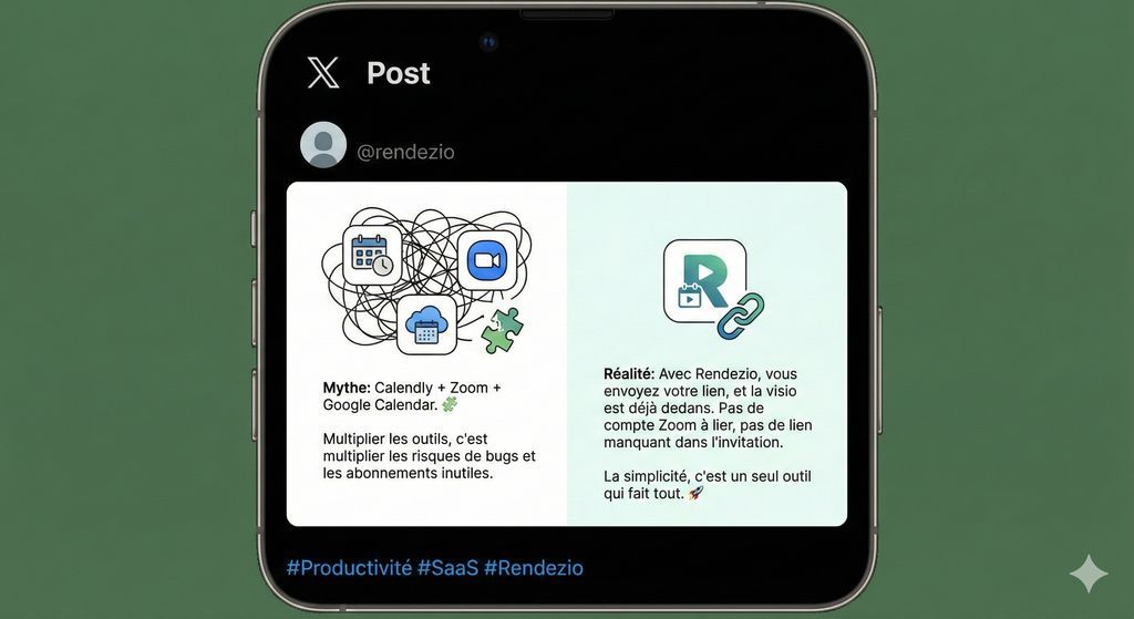 rendezioSaaS's tweet photo. Pourquoi les outils de réservation dépendent-ils encore de logiciels tiers pour la vidéo en 2026 ? 🤔

On a créé https://t.co/iAUBVrS0Cx pour supprimer les frictions inutiles entre vous et vos interlocuteurs.

Pas de Zoom. Pas de Meet. Juste vous et votre lien de rendez-vous. https://t.co/Tm2hj7P3GP
