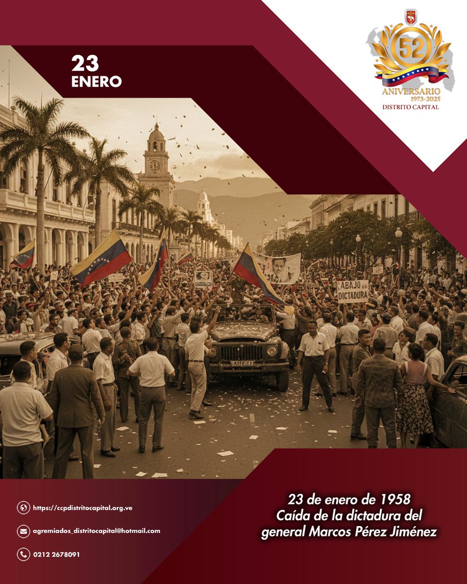 🟢 El 23 de enero de 1958 es una de las fechas más significativas en la historia contemporánea de Venezuela, ya que marca el derrocamiento de la dictadura de Marcos Pérez Jiménez y el inicio de la era democrática en el país.