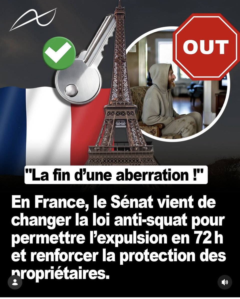 🇫🇷 Propriétaires enfin protégés

Le Sénat a corrigé une injustice.

La loi anti-squat est renforcée.

➜ Expulsion accélérée jusqu’à 72 h dans les cas d’occupation illégale avérée.
➜ Le droit de propriété redevient une priorité.

Ce n’est pas la fin de tous les abus, mais un pas