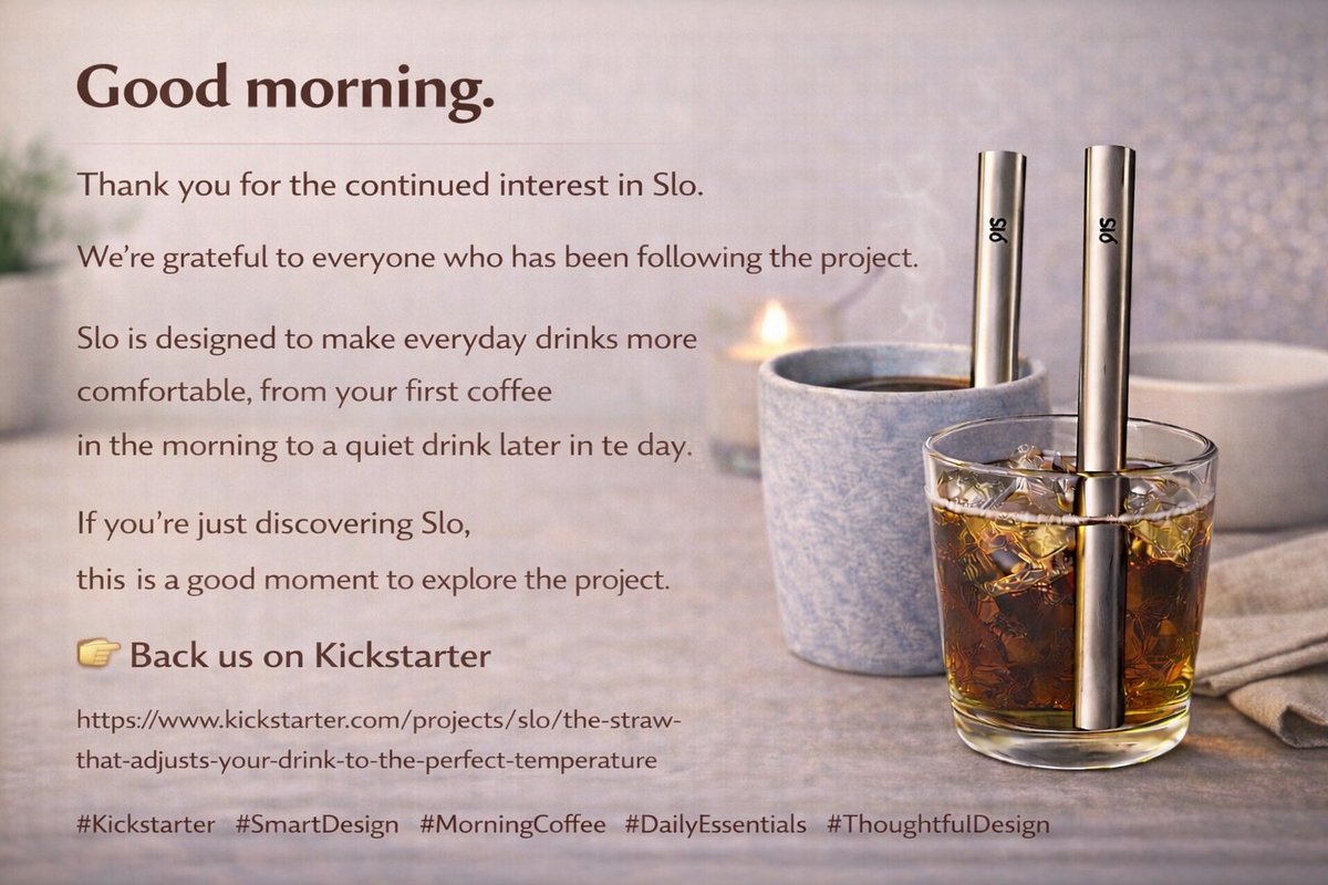 wriitersrealm's tweet image. FOLLOW 👉 @slo_project
Good morning.

Designed to make everyday drinks more comfortable.
Thank you for the continued interest in Slo.

If you’re just discovering the project,
take a moment to explore it.

#Kickstarter #SmartDesign #CoffeeTime