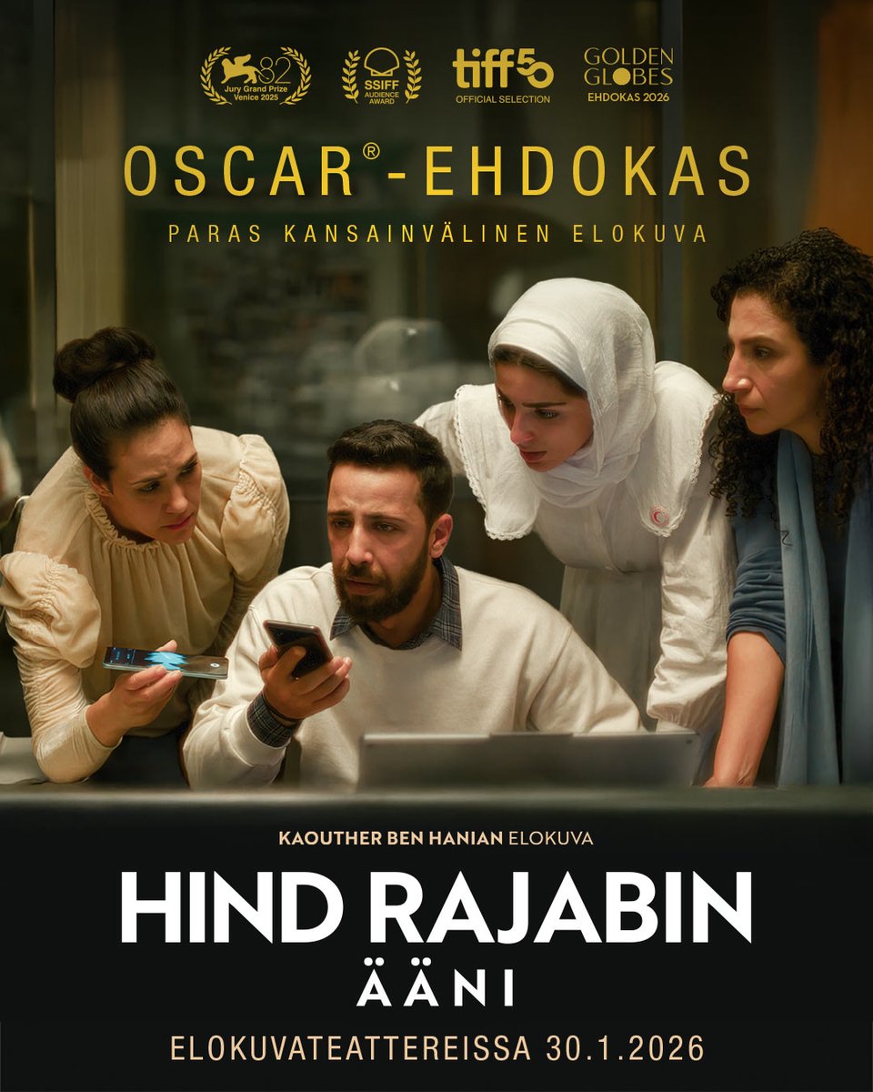 🏆 Oscar-ehdokkuus!
Hind Rajabin ääni on ehdolla parhaan kansainvälisen elokuvan Oscar-palkinnon saajaksi.

Kaouther Ben Hanian ohjaama Hind Rajabin ääni kertoo kuusivuotiaan Hind Rajabin tarinan. Elokuva perustuu autenttisiin äänitallenteisiin, jotka vievät katsojan keskelle