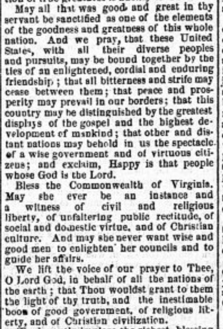 Rustyshere's tweet image. Commencement prayer of Bishop D.S. Doggett:

“Bless the Commonwealth of Virginia…that all bitterness and strife may cease…that peace and prosperity may prevail…And may she never want wise and good men to enlighten her councils and to guide her affairs.”

October 1875