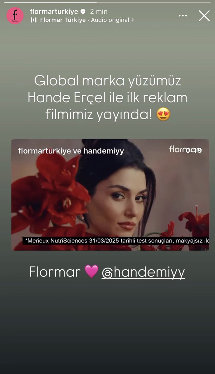 @/FlormarTurkiye vía stories: 
“Global marka yüzümüz Hande Erçel ile ilk reklam filmimiz yayında! 😍
Flormar 🩷 @/handemiyy”

#HandeErçel