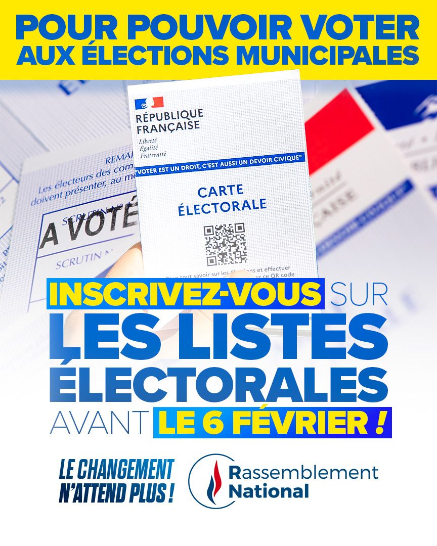 🔵 Il vous reste 2 semaines pour vous inscrire sur les listes électorales !

Si vous souhaitez que l’alternance puisse se réaliser dans votre commune les 15 et 22 mars prochains, agissez dès maintenant en vous inscrivant et en vous mobilisant pour les candidats RN-UDR !

🇫🇷