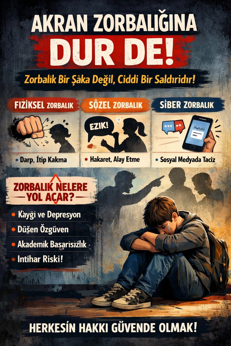 Zorbalık güçlü olmak değil, zarar vermektir.
Sessiz kalmak da çözüm değildir.
Gör, fark et, destek ol.
Akran zorbalığına dur de!
