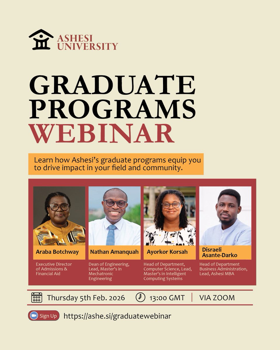 Ashesi's tweet photo. Discover how Ashesi’s graduate programs can help you make an impact in your field and community! Join our webinar with program leads on Thursday, Feb 5, 2026  at 13:00 GMT. Register here: https://t.co/gppFItjGMG

#atAshesi https://t.co/QjIEP3cB2d