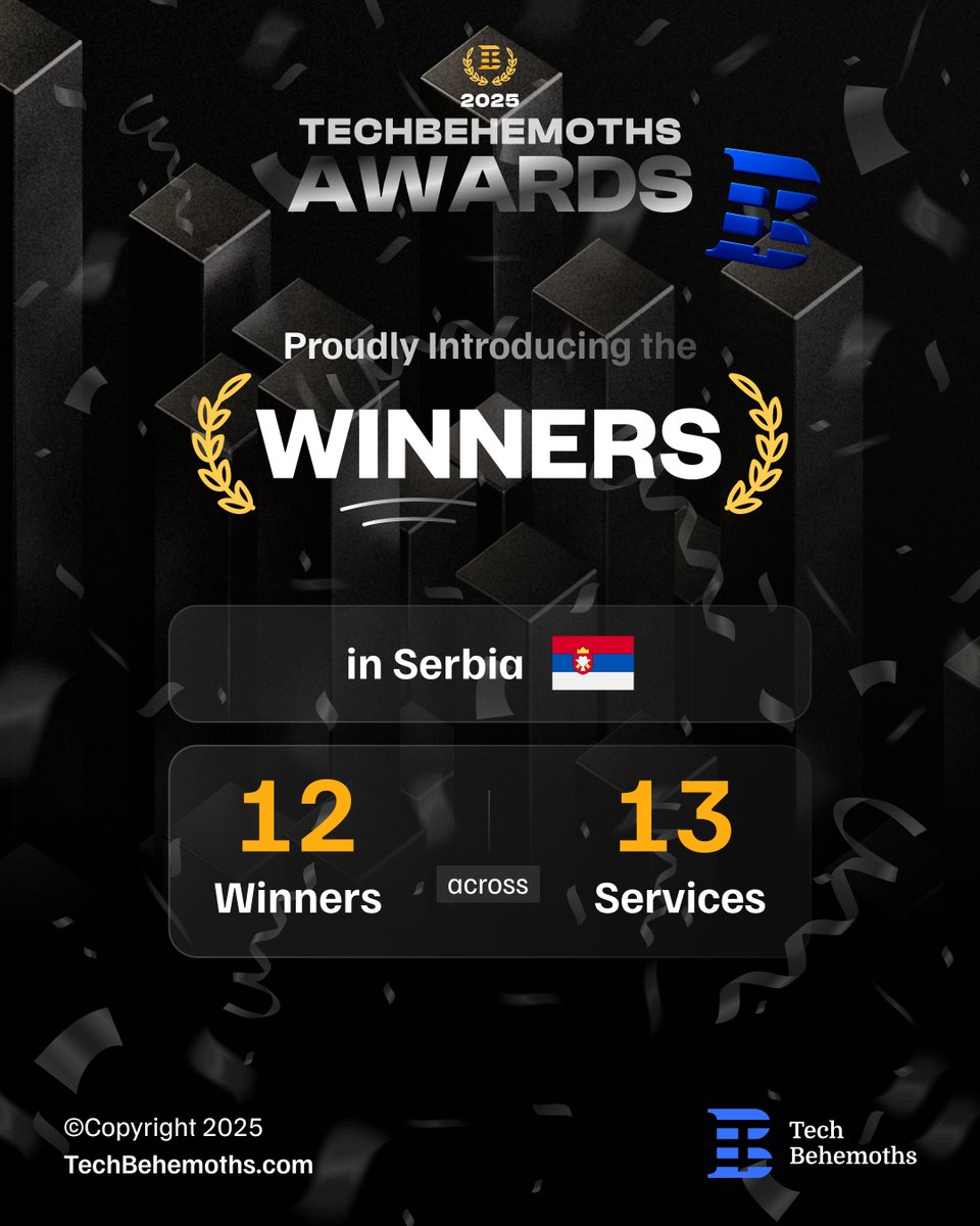 TechBehemoths's tweet photo. 🇷🇸 Serbia at the #TechBehemothsAwards2025

Serbia celebrates 12 winners across 13 IT services, showcasing innovation in software development, digital solutions, and design excellence.

🏆 Some of the recognized winners:
@Hypercubesoft 
@AetheriusTech 
@Appomart  
@hefesgroup 
@byteout 
@stuntcoders 
Safeberry
AAA Agency
AVS Solutions
The Ave. studio
Digital Creators Network
Concordsoft Solutions

From startups to established tech leaders, these companies are driving digital transformation across industries.

🌍 See all winners here: https://t.co/J6CRpevxff

#TechBehemoths #Serbia #Innovation #TechLeaders #Awards2025