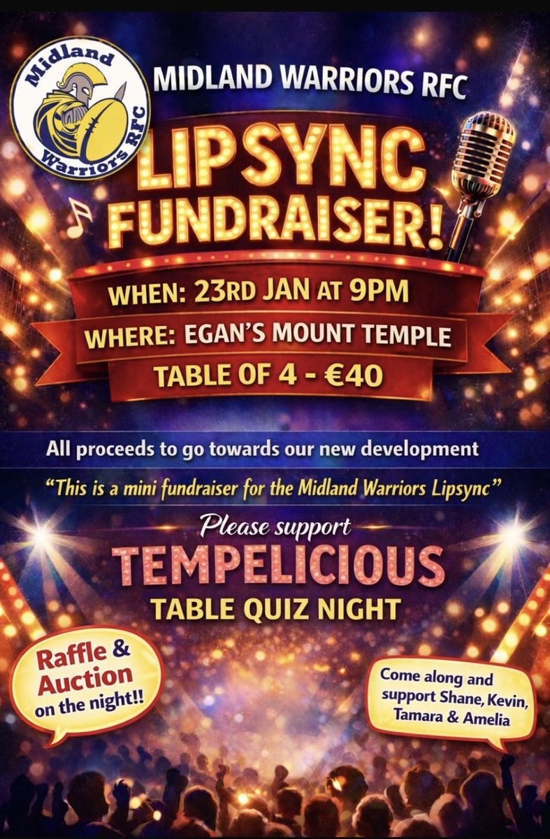 Our chairman, Kevin Dolan, and his team are getting involved in the Moate Warriors Lip Sync Fundraiser, and as part of the fun, they’re hosting a Table Quiz! It takes place tonight (Friday) in Egan’s Pub, Mount Temple, at 9pm. All support is greatly appreciated!