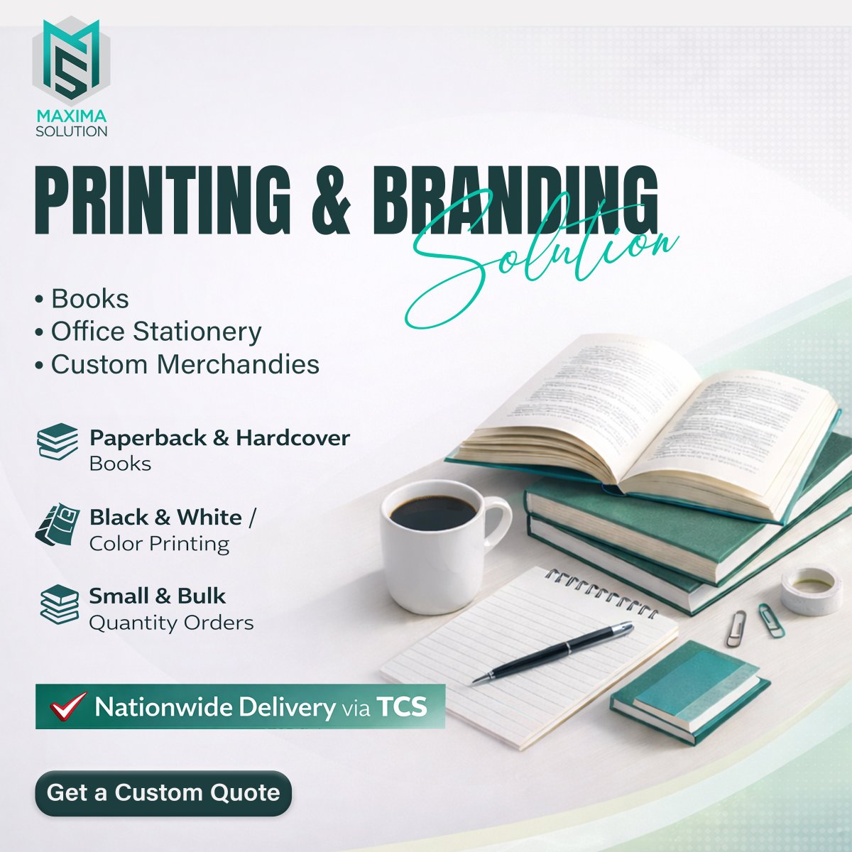 Still managing different vendors for books, stationery, and printing?

That’s time-consuming and inefficient.
Maxima Solution now offers complete Printing &amp; Branding Solutions — so authors and businesses can work with one reliable partner instead of many.