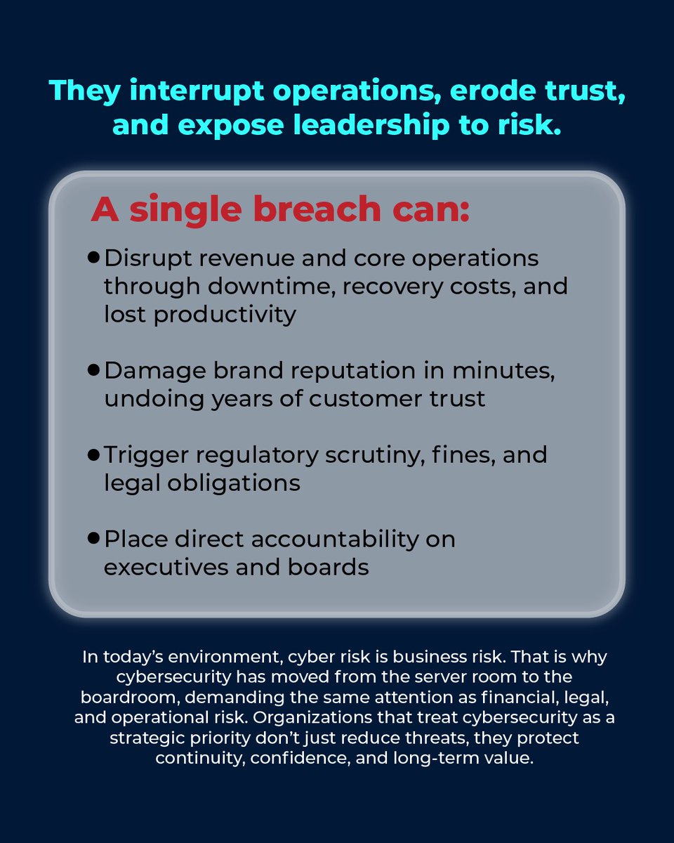 secureintelioff's tweet photo. Cybersecurity is no longer a technical issue confined to IT teams,it is a core business risk.Modern cyber incidents directly impact revenue, disrupt operations, damage brand trust, trigger regulatory scrutiny, and place accountability squarely on executive leadership. https://t.co/AfKADG0U5n