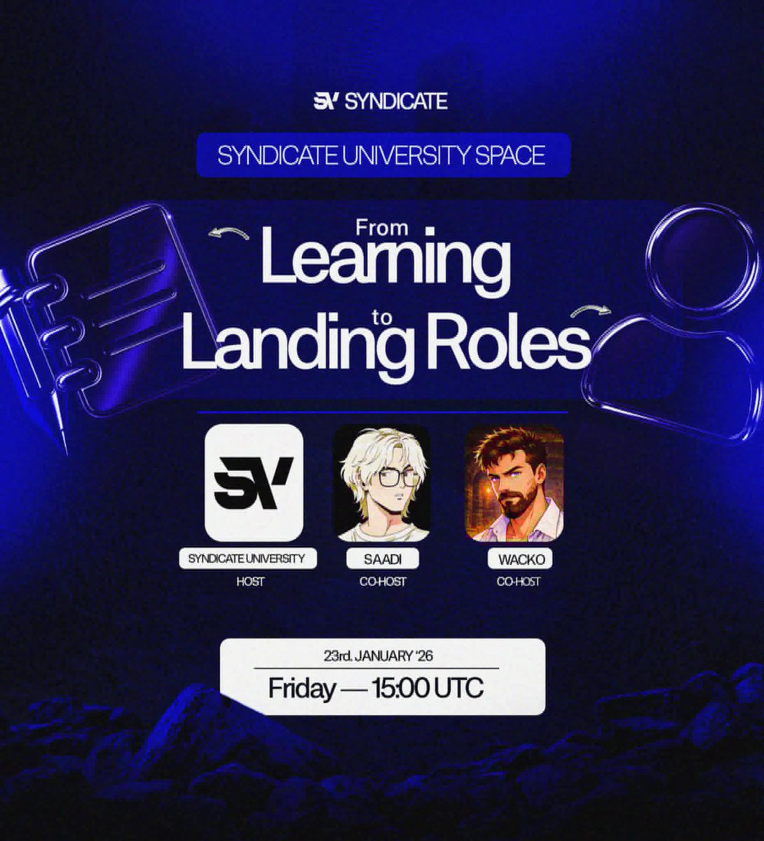 TSyndicate_Uni's tweet photo. Syndicate University Space
From Learning to Landing Roles 

We’ll break down how to turn learning into real opportunities, positions, and paid roles in Web3

Cohosts: @akasaadi_ , @WackoVibe  

Today : 15:00 UTC 

Come and learn with us! https://t.co/NebkGVRCvE