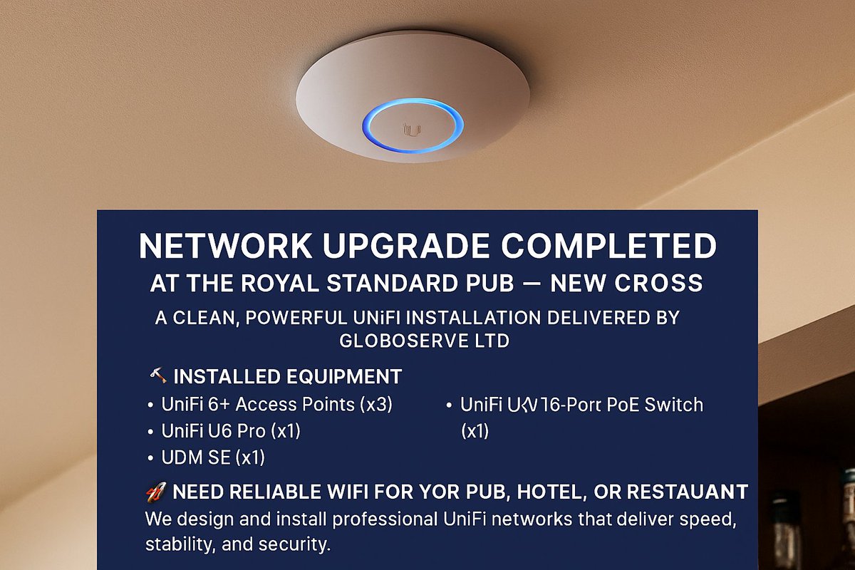Globoserve's tweet photo. 📡✨ 
A clean, powerful UniFi installation delivered by Globoserve Technologies 🚀 Need Reliable WiFi for Your Pub, Hotel, or Restaurant?
We design and install professional UniFi networks that deliver speed, stability, and security.
👉 Contact Us: info@globoserve.co.uk https://t.co/41qAOVHtBq