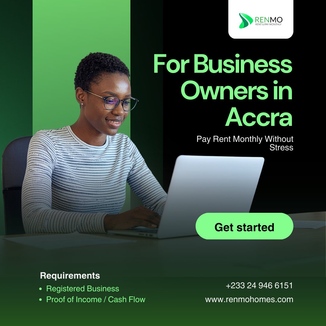 Business owners in Accra, your rent doesn’t have to slow your growth.
Pay rent monthly, protect your cash flow, and focus on growing your business — without stress.
👉 Get started here:
🌐 renmohomes.com
#RenmoHomes