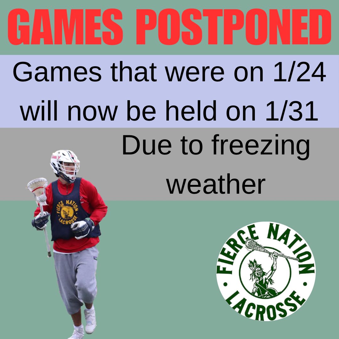 Saturday’s games will be pushed back a week due to the freezing weather. We will continue to keep you updated for next week’s games depending on field conditions.