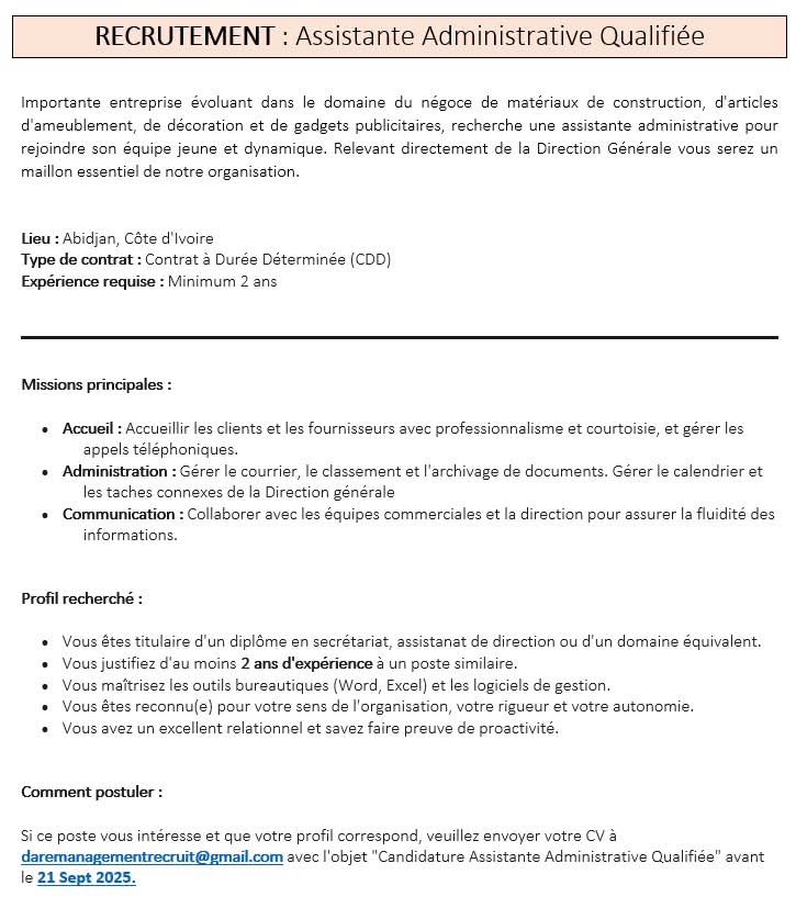Lord225's tweet photo. OFFRE D'EMPLOI - ASSISTANTE ADMINISTRATIVE

CI-JOINT L'OFFRE

Envoyer vos CV au plus tard le 31/01/2026 à l’adresse suivante : daremanagementrecruit@gmail.com en précisant dans l’objet : ASSISTANTE ADMINISTRATIVE https://t.co/EMM13fy1Ll