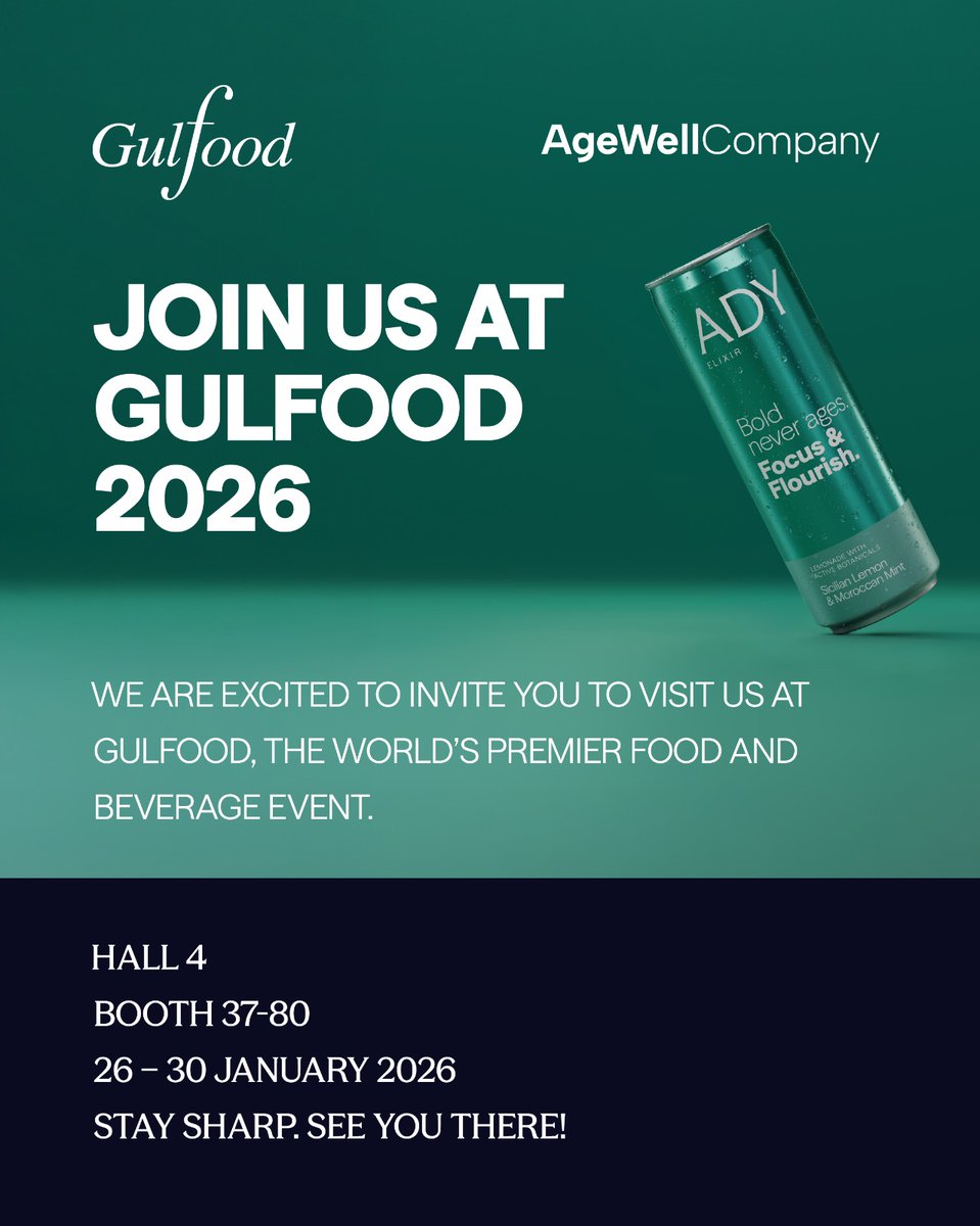 agewellco's tweet photo. Join us at Gulfood 2026! ✨🌱

Bold never ages.

Visit us to discover how ADY is redefining vitality:

📍 Hall 4

🔢 Stand 80-37

Come by our booth to experience our Elixir up close, connect with the team, and taste the future of functional beverages. 

We look forward to seeing you there! 👋

#Gulfood #Gulfood2026 #ADY #AgeWellCompany #HealthyLiving #FoodAndBeverage #Innovation #DWTC #FunctionalDrinks