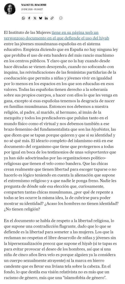 Artículo de Najat El Hachmi sobre el "vergonzoso" documento del <a href="/InstMujeres/">Instituto de las Mujeres</a> en el que se defiende el uso del hiyab en menores.

Acceso al documento:

inmujeres.gob.es/areasTematicas…