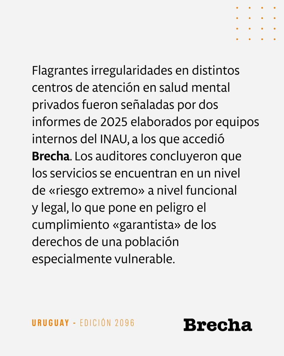 SemanarioBrecha's tweet photo. 📰 Un modelo desquiciante

Dos auditorías internas advirtieron «riesgo extremo» en servicios psiquiátricos contratados por el INAU

🖋️ Venancio Acosta
📸 Extraído del documento Permanecer a pesar del alta, de la INDDHH.

Lectura libre

https://t.co/Jpt0cV5KyZ https://t.co/DhMBwf3ni3
